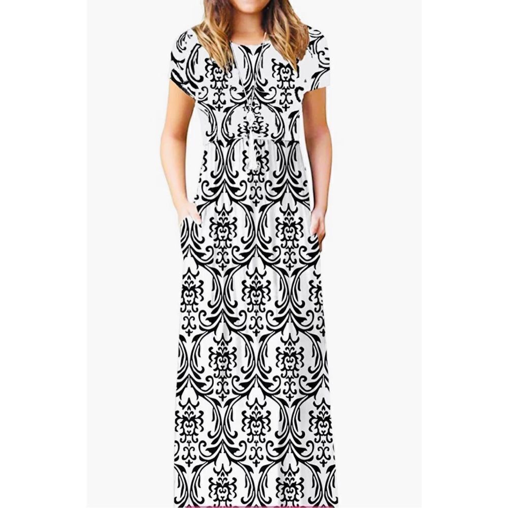 Viishow Womens Short Sleeve Loose Maxi Dress‎ White Black Print Large NWT
